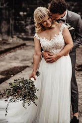 Ivory Tulle A-line Illusion Neck Wedding Dresses with Lace Appliques